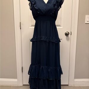 AQUA Elegant Navy metallic Blue Ruffled Maxi Dress